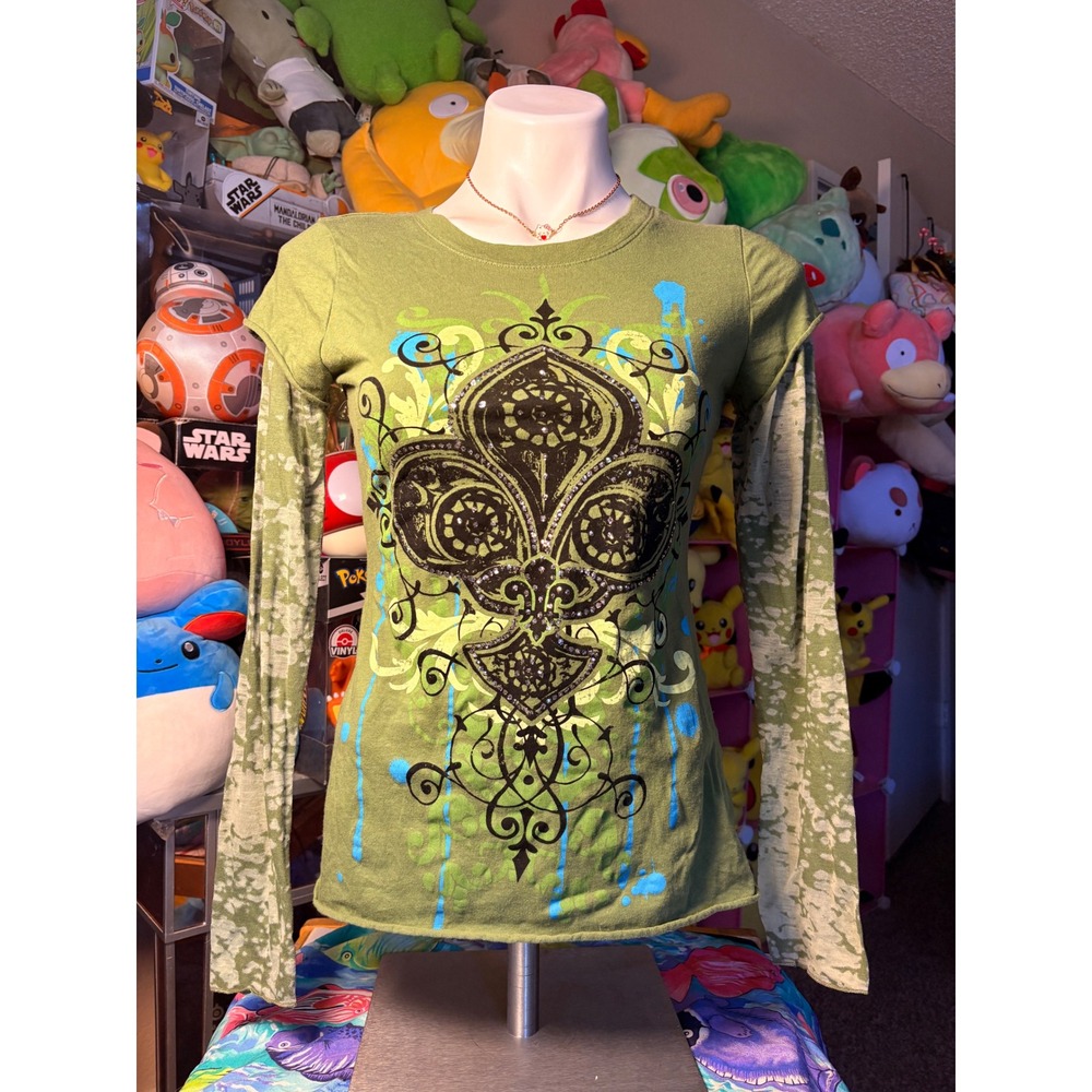 Y2K Grunge Ransom Womens Green Graphic Burnout Sleeve Top Size M #5